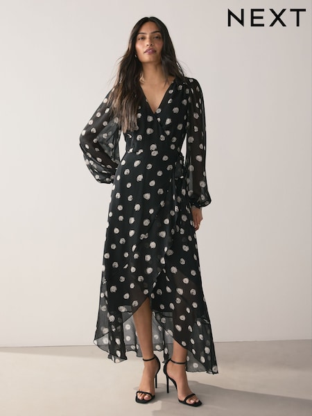 Black/White Spot Occasion Long Sleeve Wrap Midi Dress (Y11418) | €75