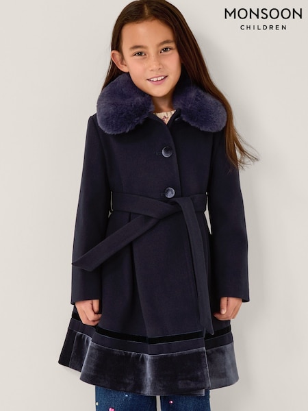 Monsoon Blue Velvet Trim Faux Fur Dress Coat (Y11562) | €86 - €99