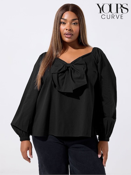 Yours Curve Black Limited Poplin Bow Top (Y11831) | €36