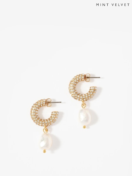 Mint Velvet Gold Tone Pave Hoop Pearl Earrings (Y11950) | €46