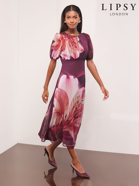 Črna cvetlična - Lipsy Printed Puff Sleeve Crew Neck Midi Dress (Y11992) | € 90