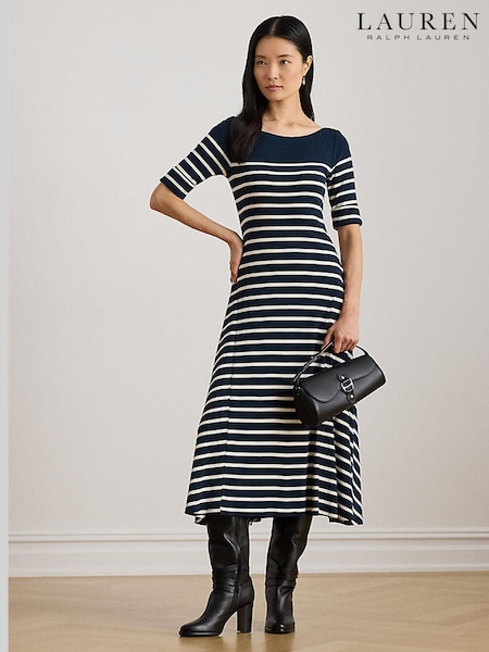 Lauren Ralph Lauren Blue Munzie Stripe Quarter Sleeve Elevated Boatneck Jersey Dress (Y12046) | R$ 1.630