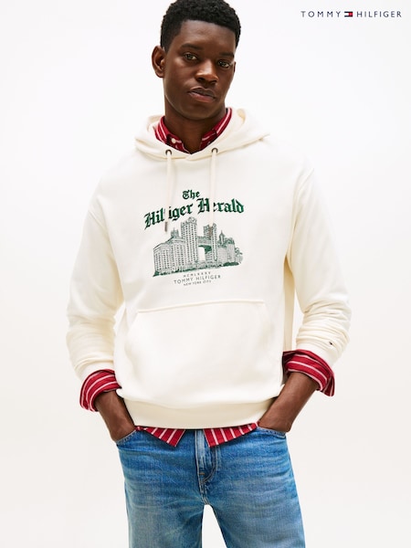 Tommy Hilfiger Cream Logo Embroidery Relaxed Drawstring Hoodie (Y12118) | AED932