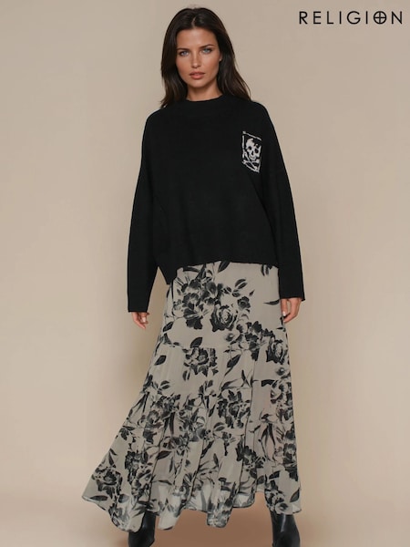Religion Natural Citrine Tiered Maxi Skirt In Black Floral On Brown Georgette (Y12162) | €77