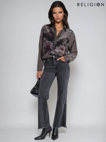 Religion Pink Loose Fit Diana Shirt In Dark Floral Taupe Green Print (Y12177) | AED466