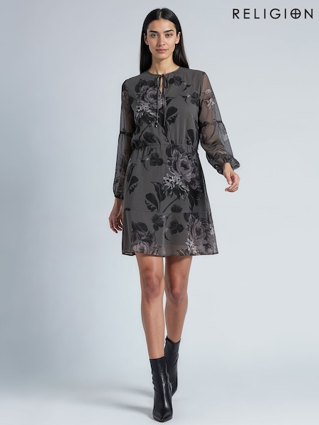 Religion Grey Aida Short Mini Shift Dress In Taupe Floral Print With Tie Waist (Y12180) | €112