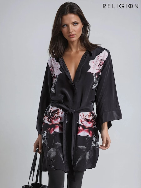 Religion Black Kimono Sleeve Rose Heart Tunic Dress With Tie Belt In Floral Placement Print (Y12186) | €125
