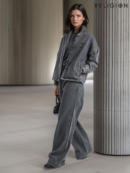 Religion Grey Eccentric Washed Denim Shirt Jacket With Embroidery And Studs (Y12190) | R$ 970