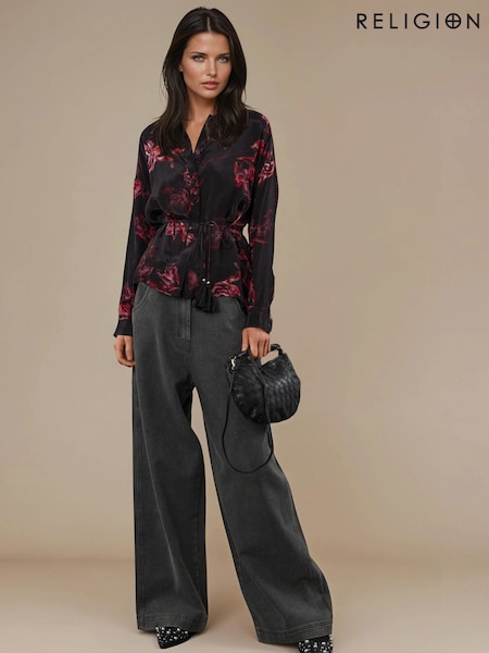 Religion Red Lola Long Line Shirt With Tie Waist Floral Print (Y12196) | AED495