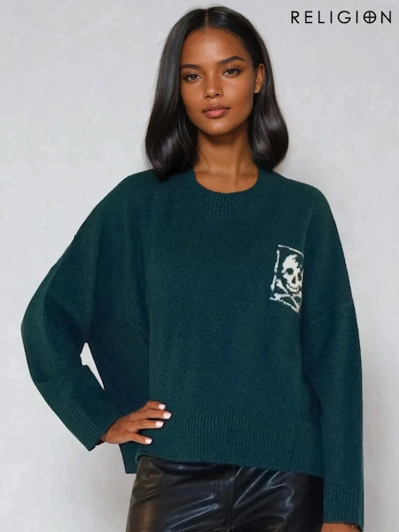 Religion Green Luscious Jumper with Skull & Cross Bone Jacquard (Y12202) | AED437