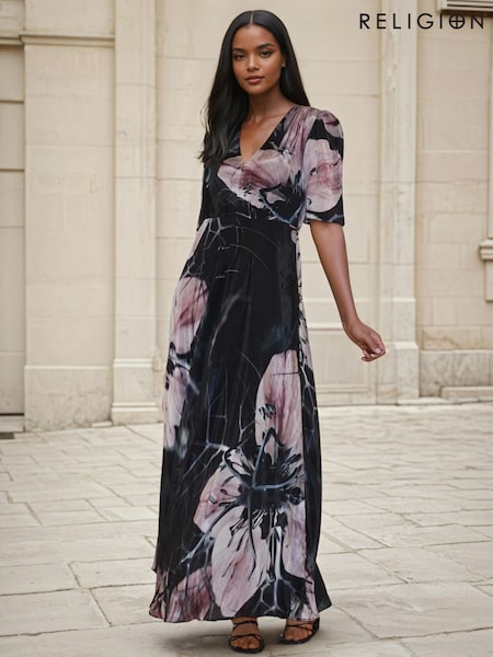 Religion Black Short Sleeve Florence Maxi Dress In Flattering Fit With Large Dark Floral (Y12203) | €171