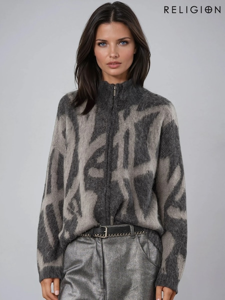 Religion Grey Maya Zip Thru Cardigan In Abstract Stripe Jaquard (Y12204) | € 140