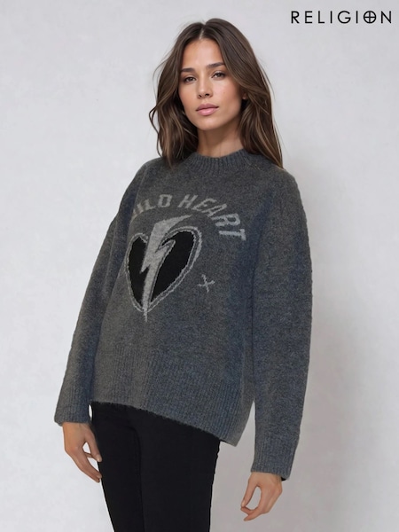 Religion Charcoal Grey Wild Heart Crew Neck Jumper (Y12207) | €119
