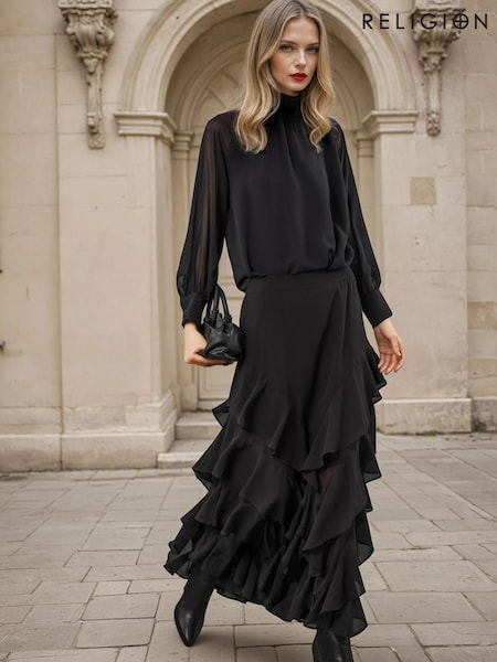 Religion Black Scarlet Ruffle Maxi Skirt In Layers Of Georgette (Y12211) | R$ 730