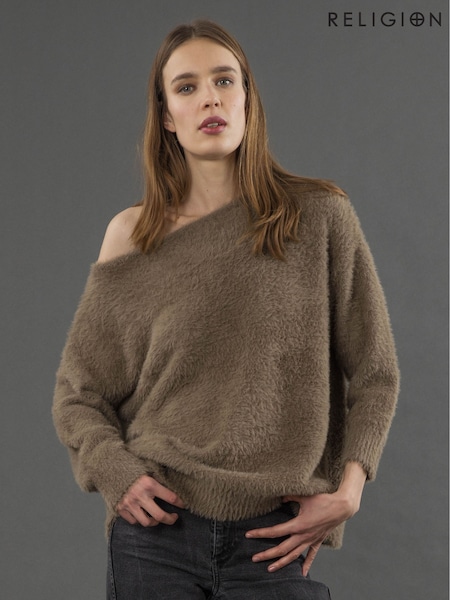 Religion Brown Iris Off The Shoulder Jumper In Super Soft Fluffy Yarn (Y12216) | €89