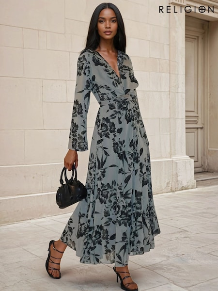 Religion Brown Flash Maxi 2 Way Wrap Maxi Dress In Black Floral On Georgette (Y12221) | €126