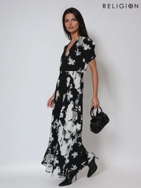 Religion Isabel Maxi Tea Dress In Abstract Monochrome Floral Print (Y12236) | ‏466 د.إ.‏