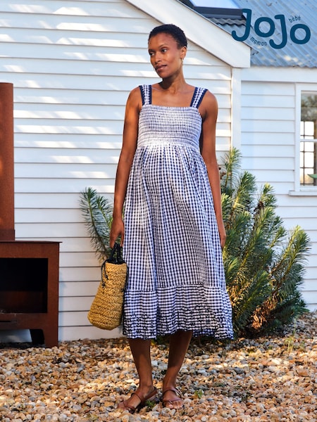 JoJo Maman Bébé Navy Blue Shirring Gingham Maternity Midi Dress (Y12364) | €92