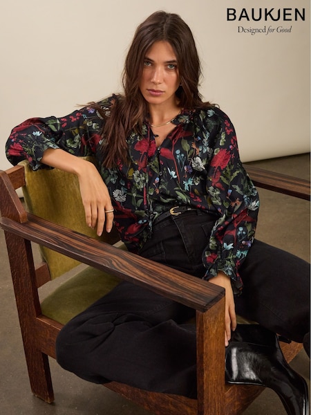 Bauk Jasmine Printed Tie Neck Satin Botanical Print Black Blouse (Y12546) | 197 €