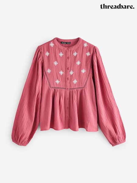 Threadbare Pink Crinkle Texture Cotton Embroidered Button-Up Blouse (Y12710) | 202 QAR