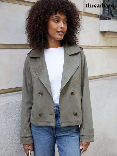 Threadbare Green Suedette Cropped Trench Coat (Y12713) | €66