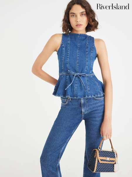 River Island Blue Bow Peplum Denim Blouse (Y12724) | €53