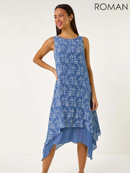Roman Blue Floral Print Double Layer Shift Dress (Y12890) | OMR29