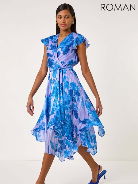Roman Blue Floral Frill Midi Wrap Dress (Y12913) | €86