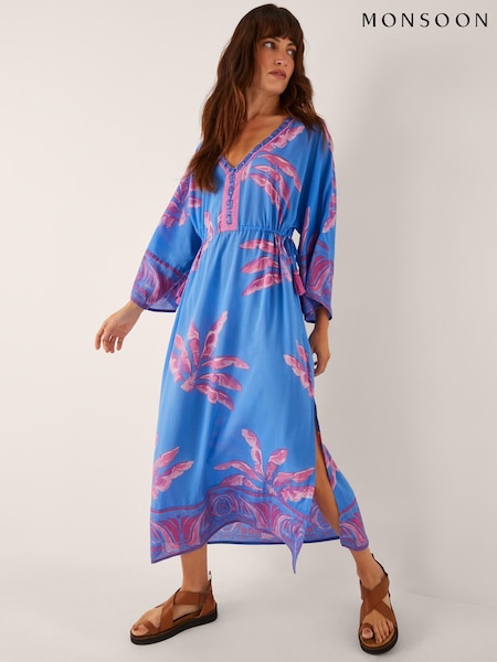 Monsoon Blue Pamela Palm Print Kaftan Dress (Y12926) | R$ 840