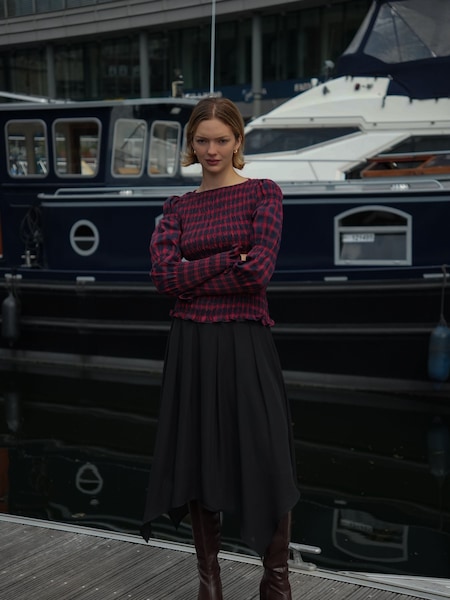 Amy Lynn Red Iris Heritage Check Shirred Cotton Long Sleeve Top (Y12954) | €62