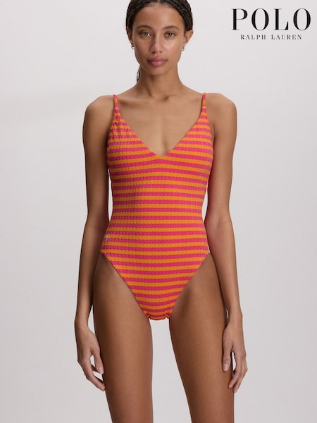 Pink - Cable Striped Jaquard Lingerie V-neck Swimsuit