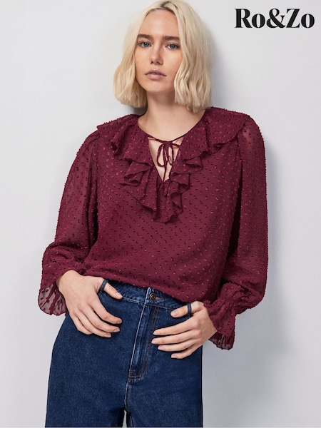 Ro&Zo Red Wine Dobby Ruffle Front Blouse (Y13164) | €101