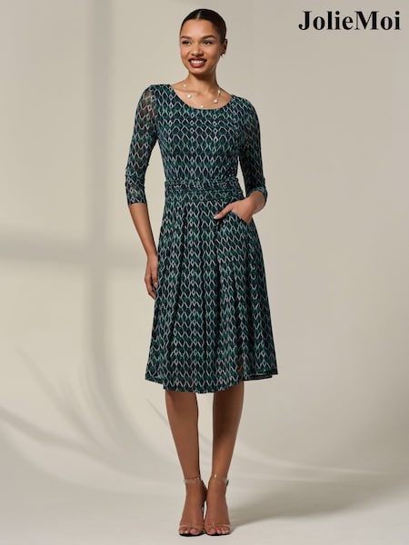 Jolie Moi Green 3/4 Sleeve Printed Mesh Dress (Y13258) | €99