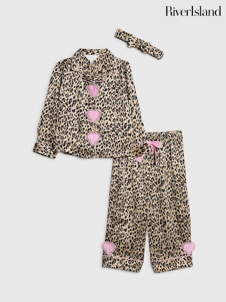 River Island Brown Leopard Heart Placket Pyjamas (Y13302) | €31