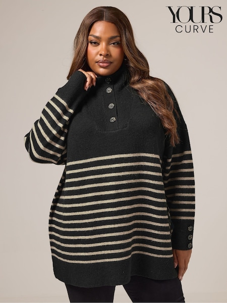 Yours Curve Black Button Through Neck Jumper (Y13339) | R$ 335