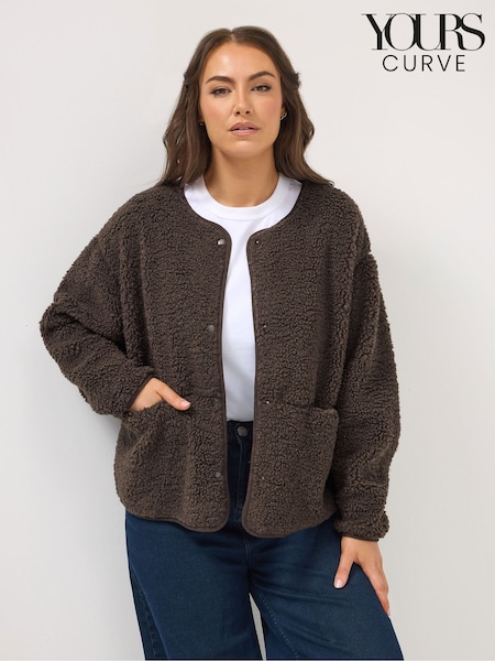 Yours Curve Brown Collarless Popper Fleece (Y13361) | €50