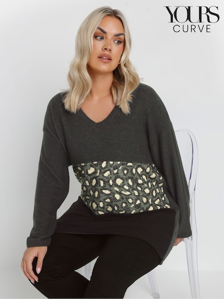 Yours Curve Grey Leopard Print Colourblock Jumper (Y13393) | €41