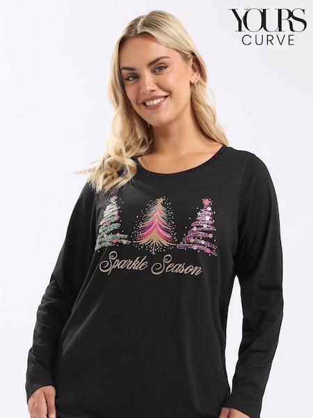 Yours Curve Black Long Sleeve Novelty Sparkle Trees T-Shirt (Y13403) | R$ 205