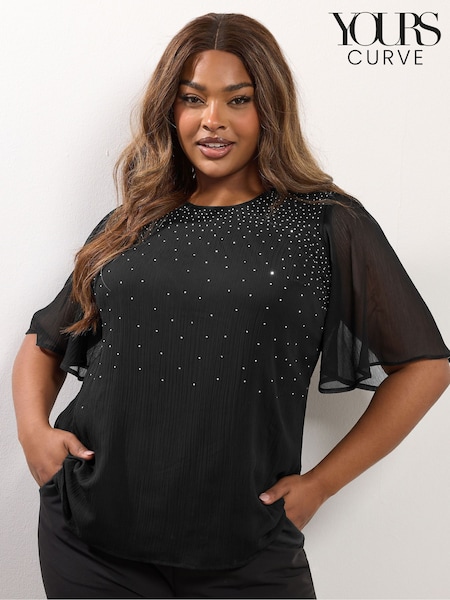 Yours Curve Black Party Diamante Trickle Blouse (Y13413) | R$ 305