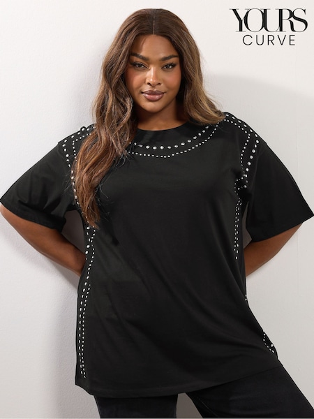 Yours Curve Black Oversized Studded T-Shirt (Y13423) | €31