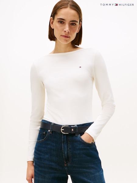 Tommy Hilfiger White Ribbed Slim Boat Neck T-Shirt (Y13924) | AED379