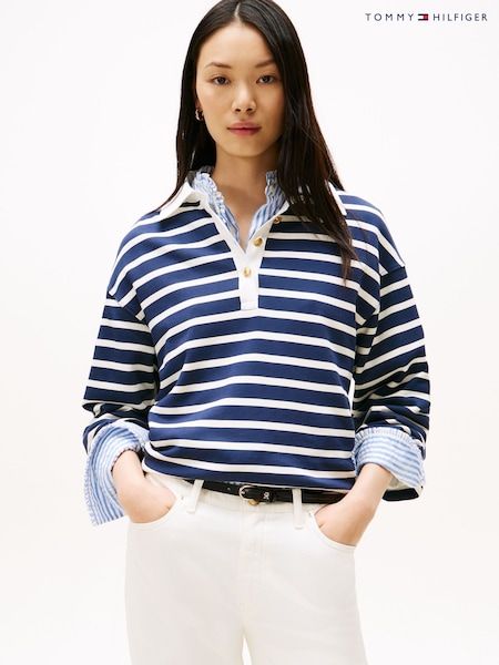 Tommy Hilfiger Blue Gold Tone Button Relaxed Rugby Sweatshirt (Y13933) | AED815
