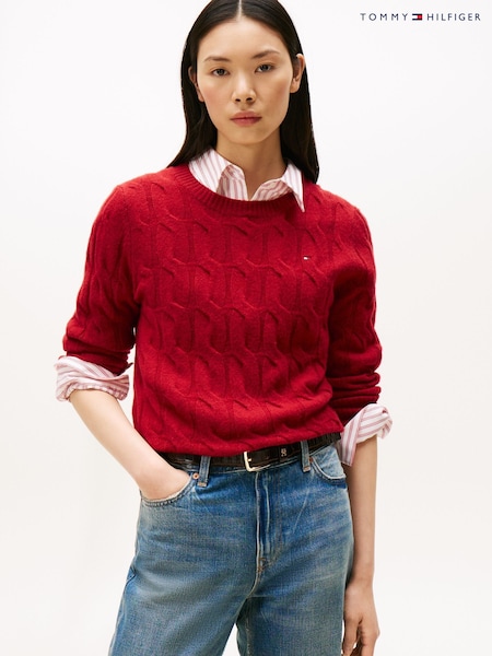 Tommy Hilfiger Red Cable Knit Soft Wool Jumper (Y13945) | €185