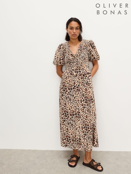 Oliver Bonas Brown Leopard Print Shirred Bodice Puff Sleeve Midi Dress (Y13970) | 421 QAR