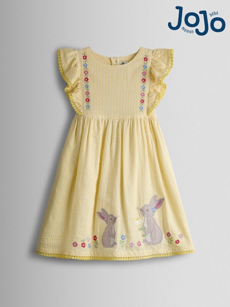 JoJo Maman Bébé Yellow Bunny Appliqué Frill Shoulder Embroidered Dress (Y13993) | AED160 - AED179