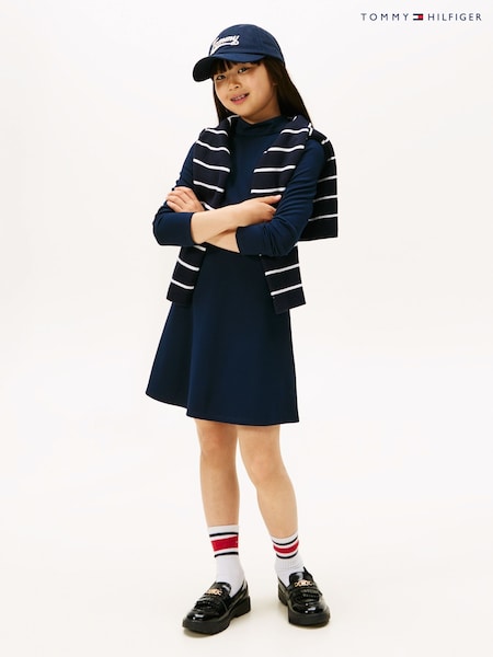 Tommy Hilfiger Blue Sparkle Logo Mock Neck Skater Dress (Y14275) | AED320 - AED379