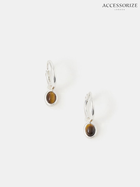 Accessorize Brown Sterling Silver Healing Stone Hoop Earrings (Y14464) | €24