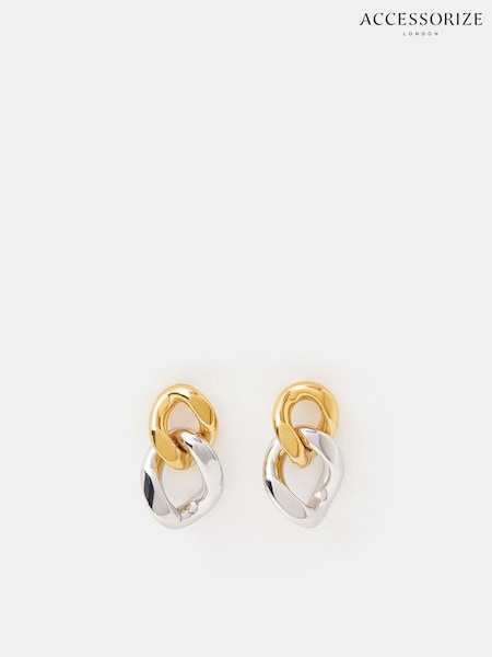 Accessorize Gold Stainless Steel Mixed Metal Chain Drop Earrings (Y14481) | €34