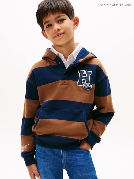 Tommy Hilfiger Brown Varsity Stripe Concealed Placket Hoodie (Y14577) | AED379 - AED437