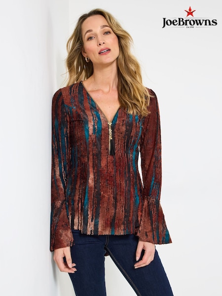 Joe Browns Brown Contrast Lace Zip Front Top (Y14843) | €66